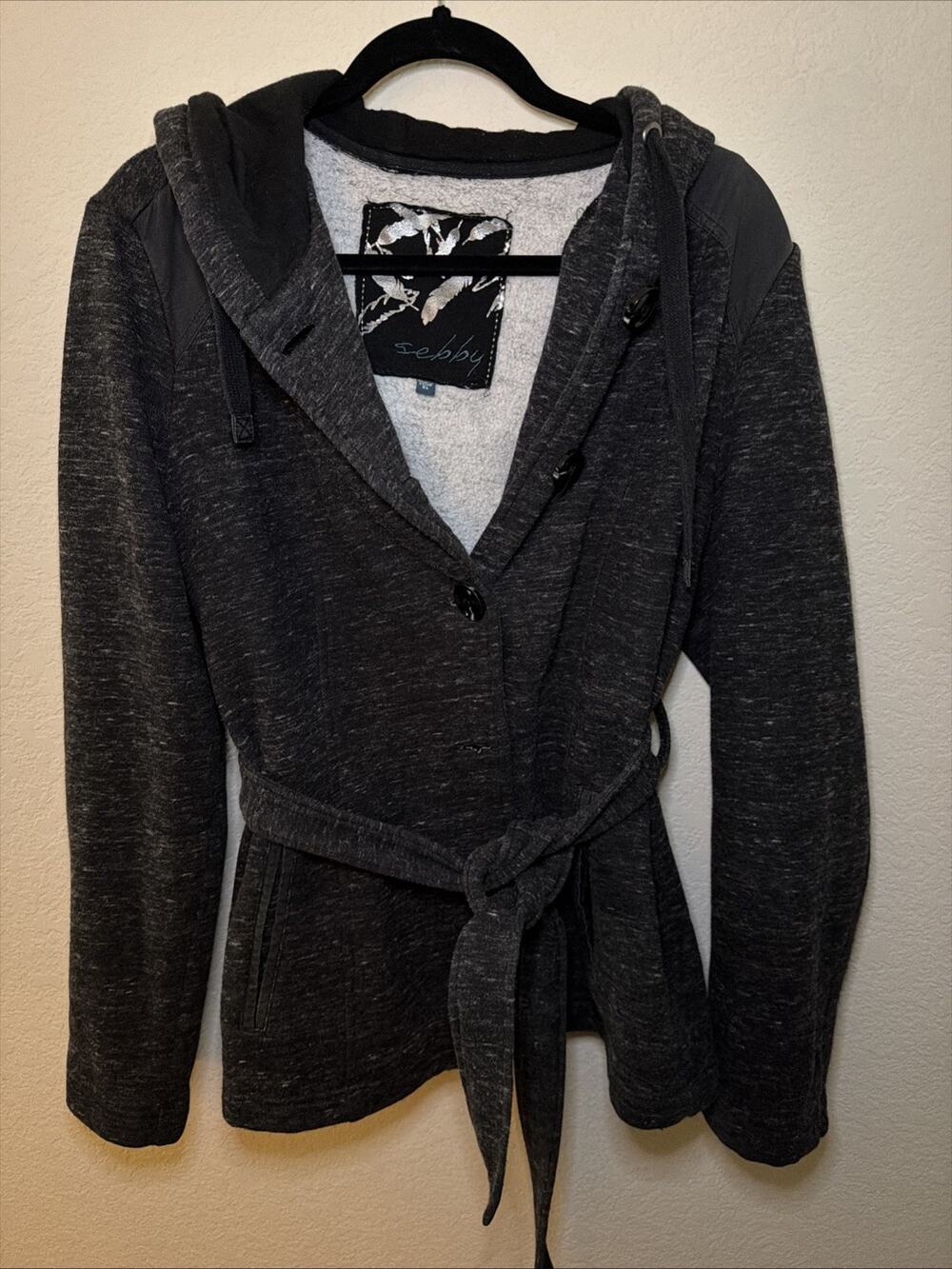 Sebby Hooded Button Up Women XL Gray Belted Fleece Good Condition